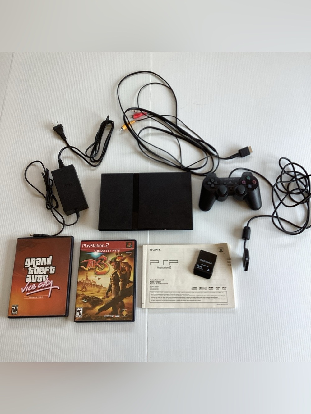 Sony PlayStation 2 PS2 Slim Bundle SCPH-79001 Tested w/ Games , Katana 16 Memory